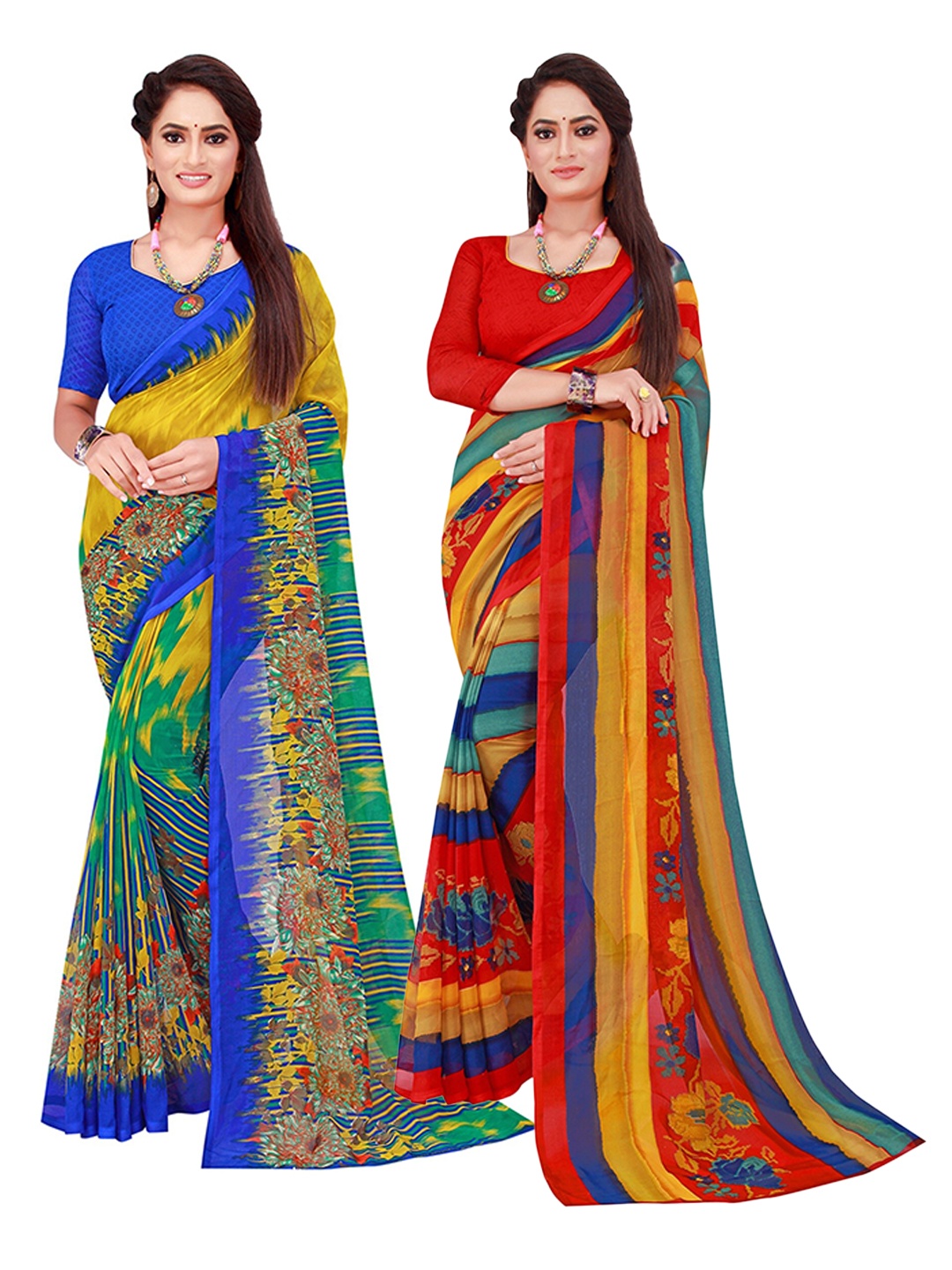 

KALINI Set Of 2 Multicoloured Striped Pure Georgette Saree, Multi