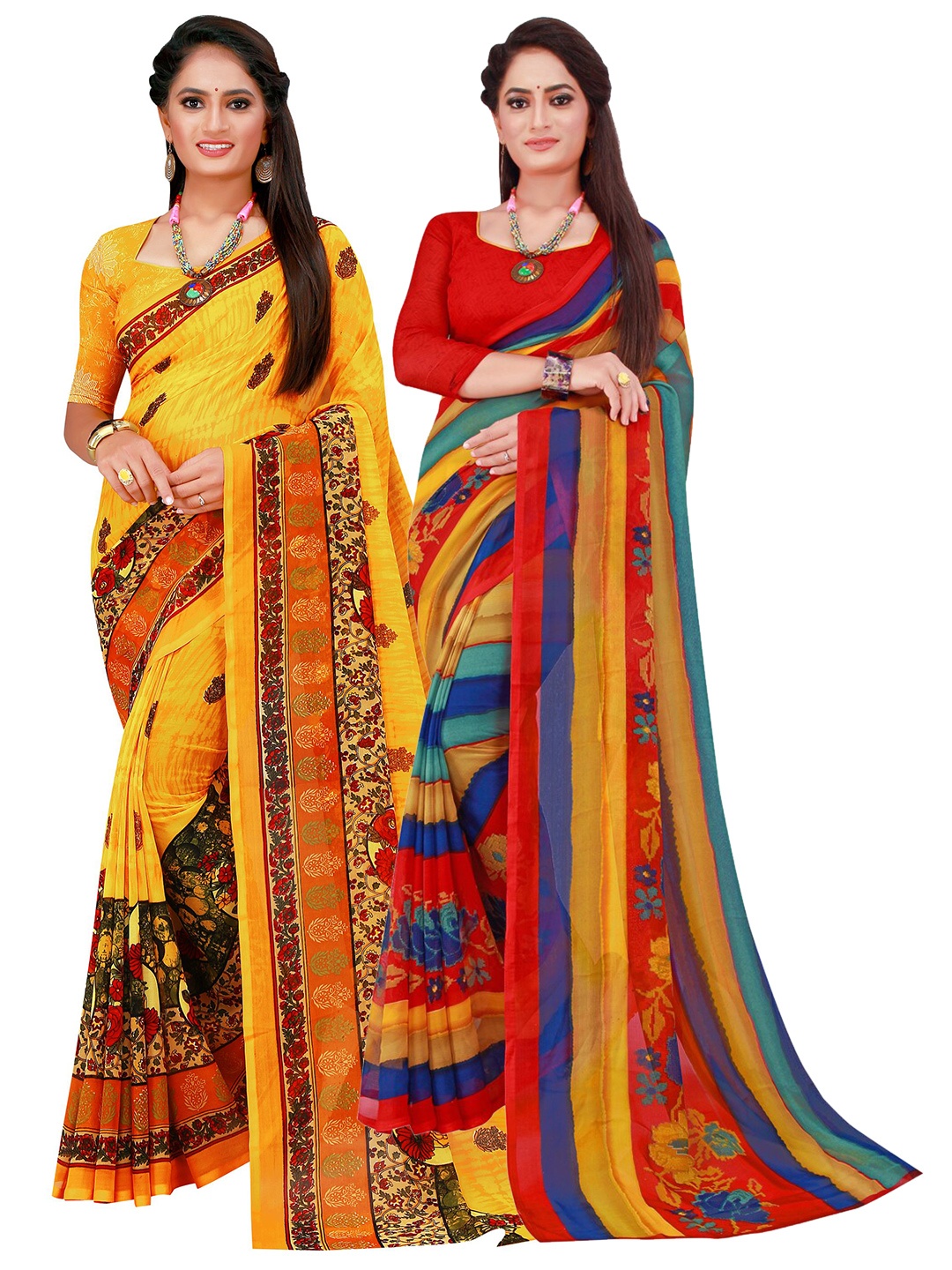 

KALINI Pack of 2 Red & Blue Floral Pure Georgette Sarees