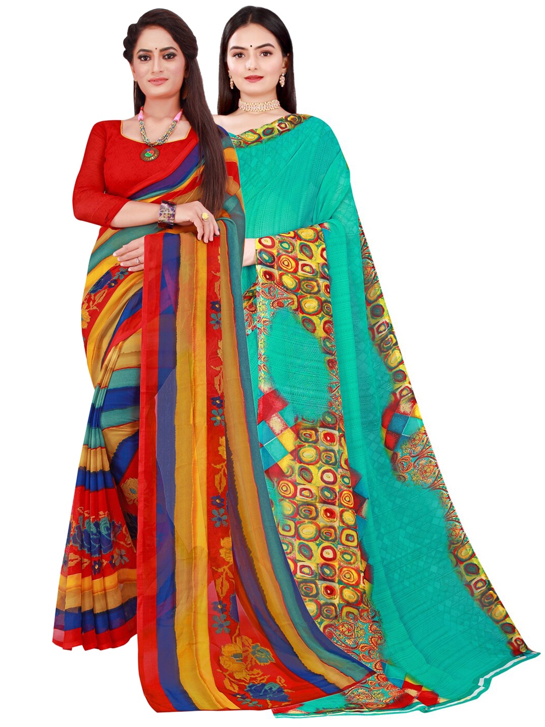 

KALINI Red & Teal Printed Pure Georgette Saree Pack Of 2