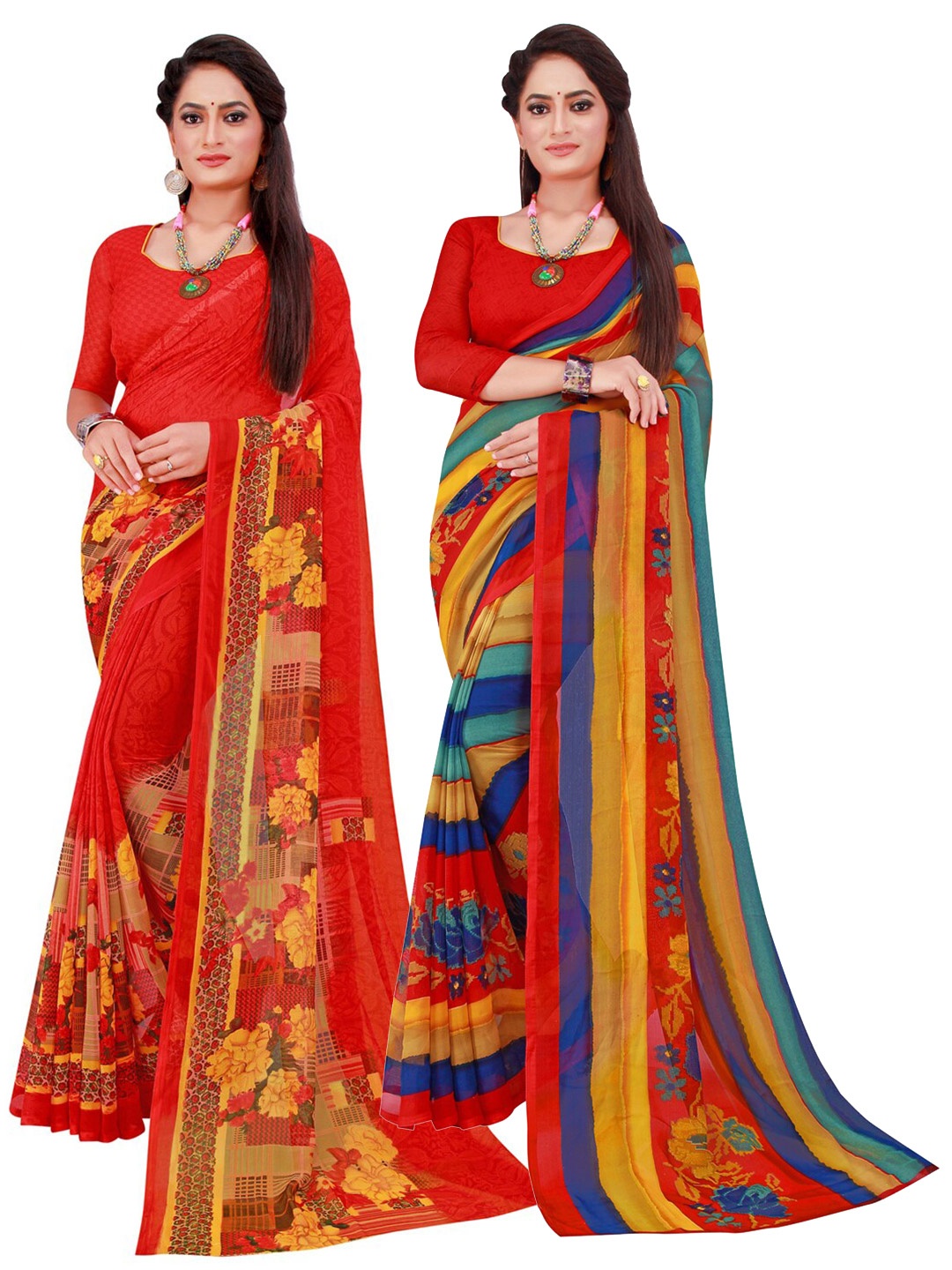 

KALINI Set Of 2 Red Floral Pure Georgette Saree