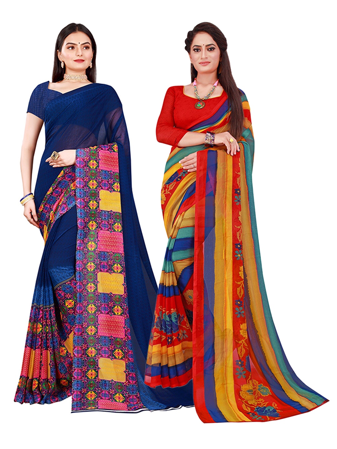 

KALINI Pack of 2 Red & Blue Floral Pure Georgette Sarees