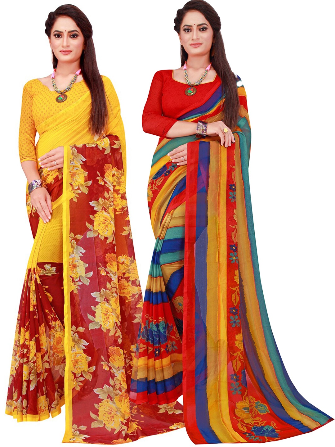 

KALINI Red & Blue Set of 2 Floral Printed Georgette saree