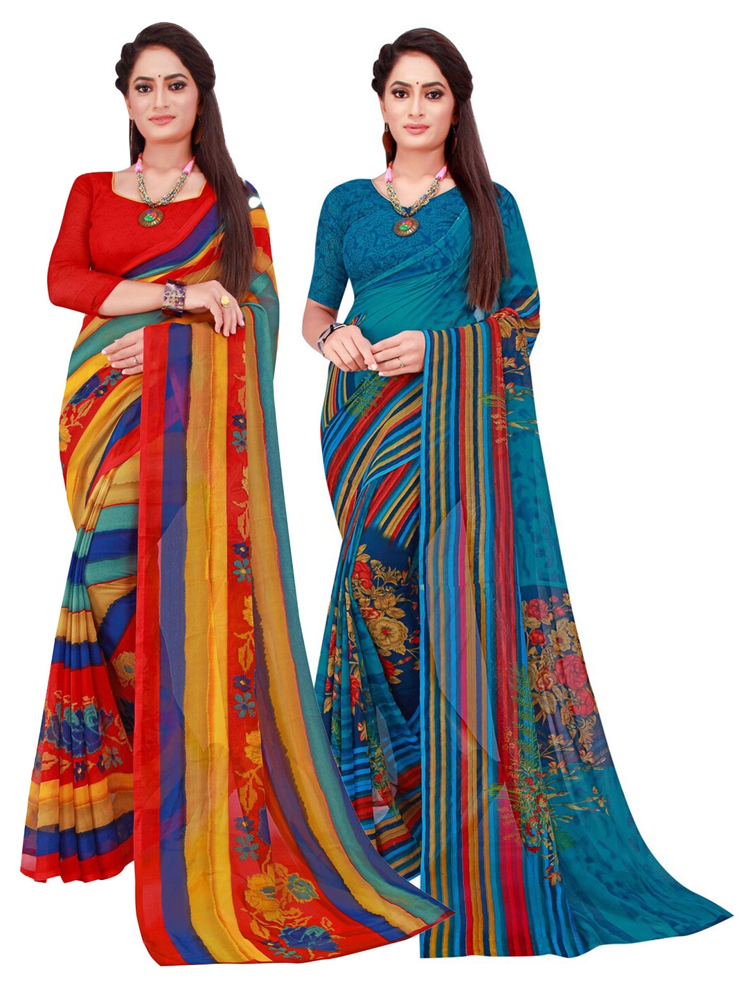 

KALINI Red & Blue Striped Printed Pure Georgette Saree Pack Of 2