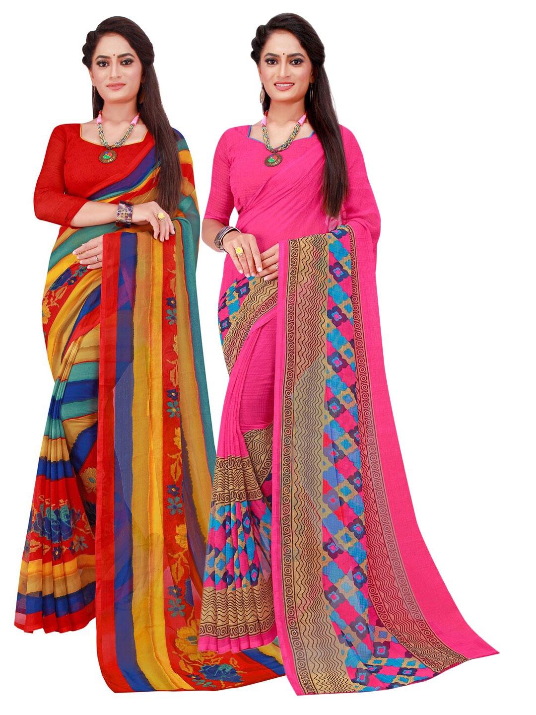 

KALINI Red & Pink Set of 2 Geometric Printed Georgette saree