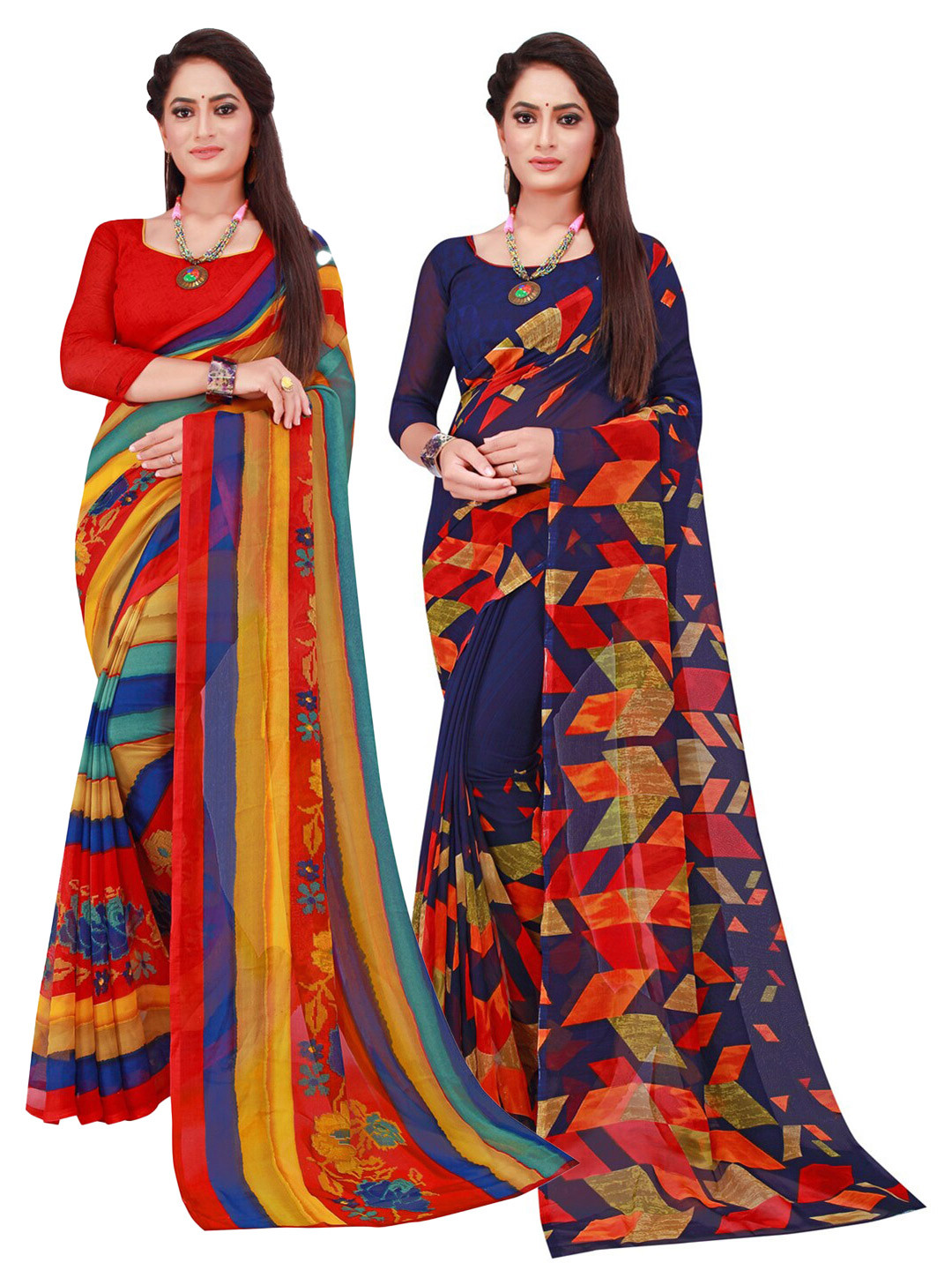 

KALINI Red & Navy Blue Printed Pure Georgette Saree Pack Of 2
