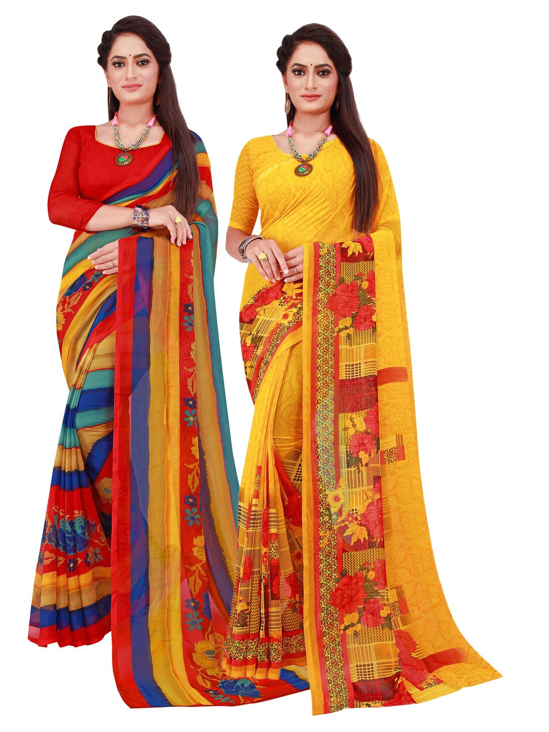 

KALINI Pack of 2 Red & Blue Floral Pure Georgette Sarees