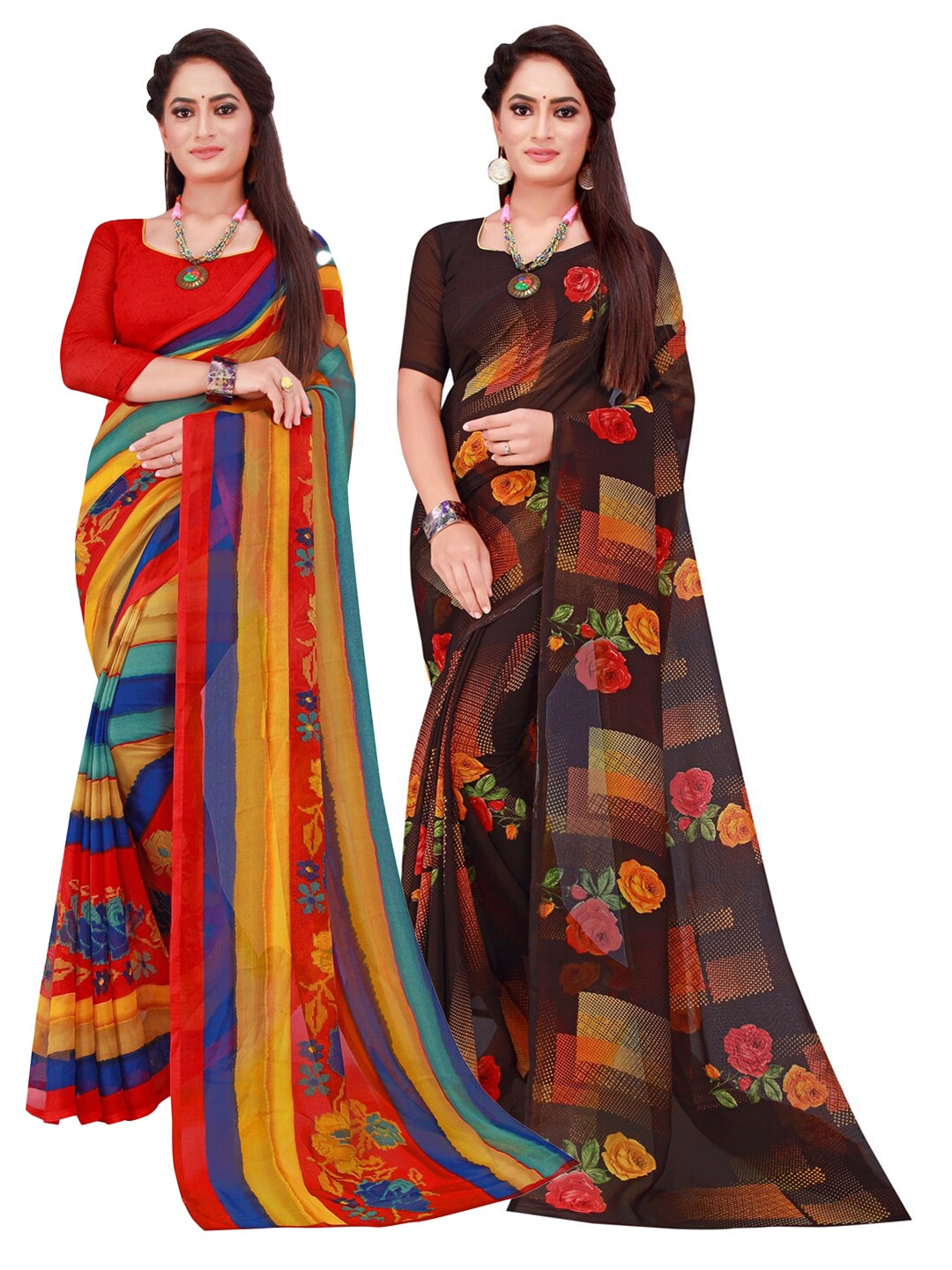 

KALINI Red & Brown Set of 2 Floral Printed Georgette saree