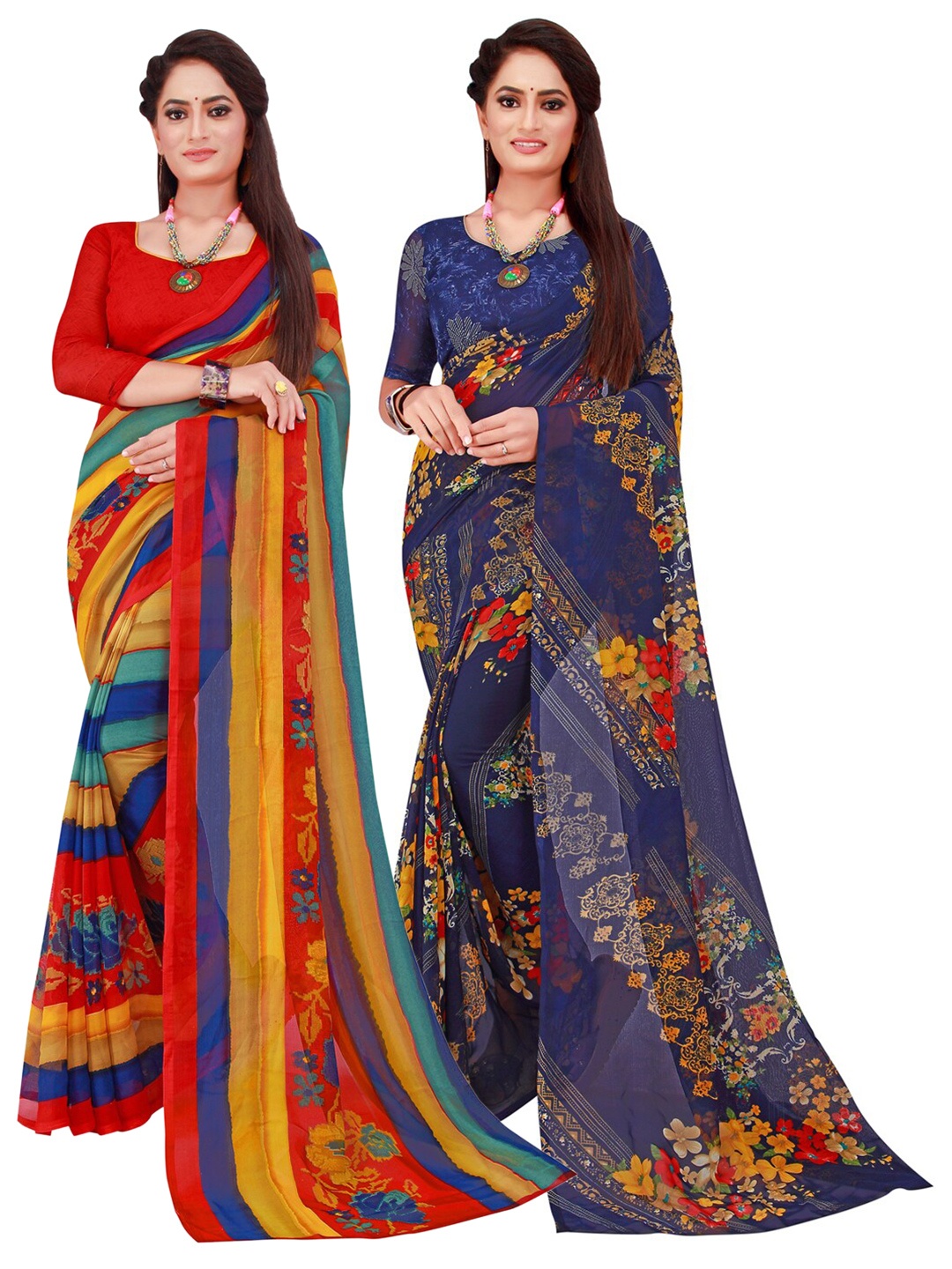 

KALINI Set Of 2 Multicoloured Striped Pure Georgette Saree, Multi