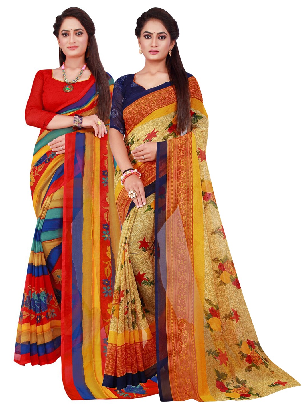 

KALINI Red & Blue Set Of 2 Floral Pure Georgette Saree