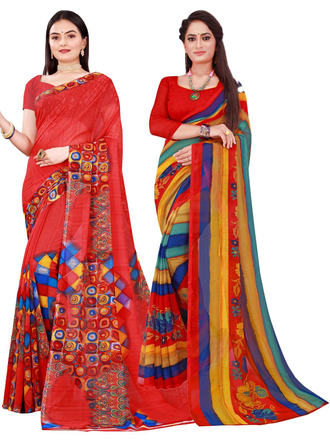 

KALINI Red & Blue Striped Printed Pure Georgette Saree Pack Of 2