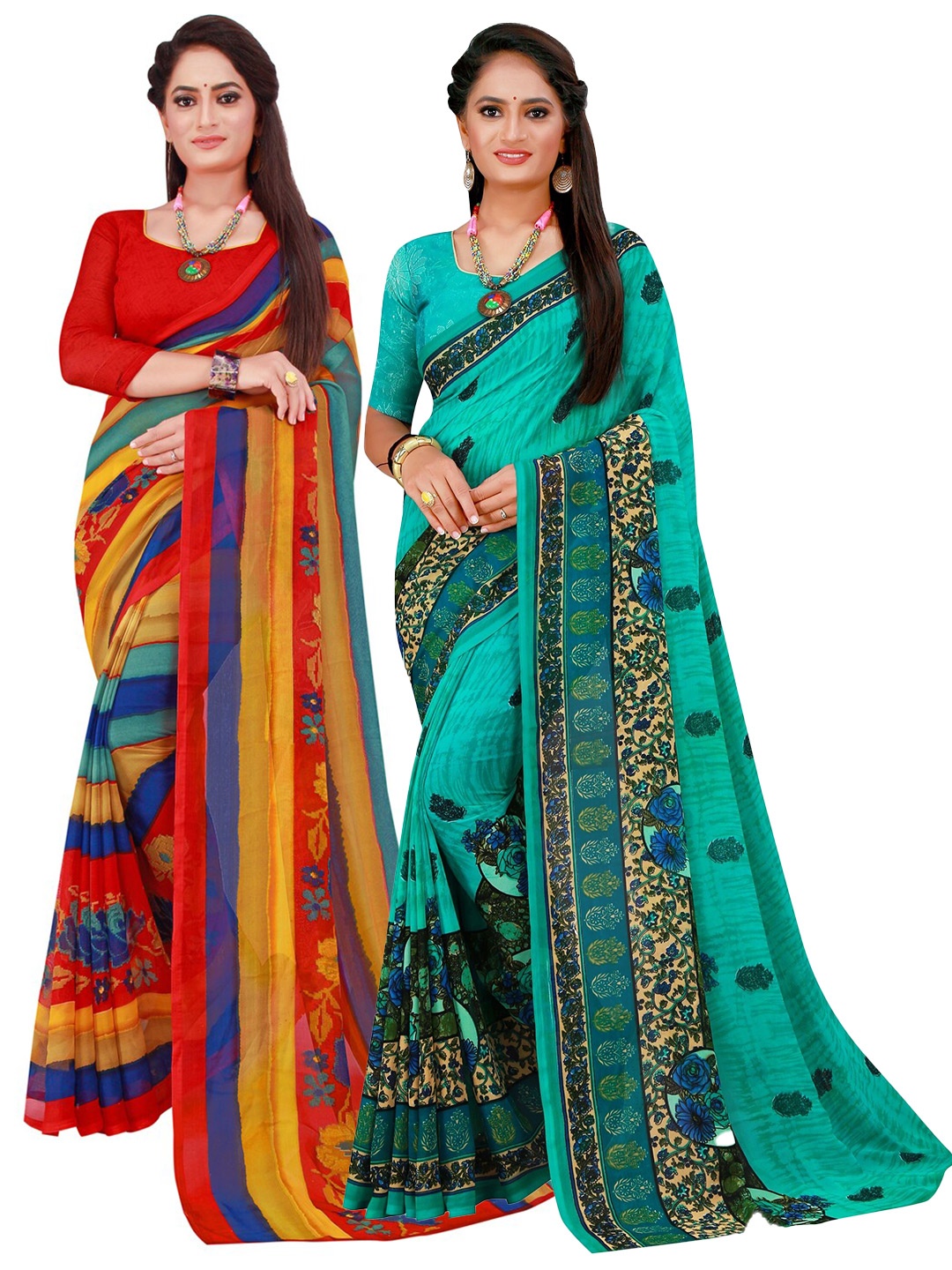 

KALINI Red & Blue Set of 2 Floral Pure Georgette Saree