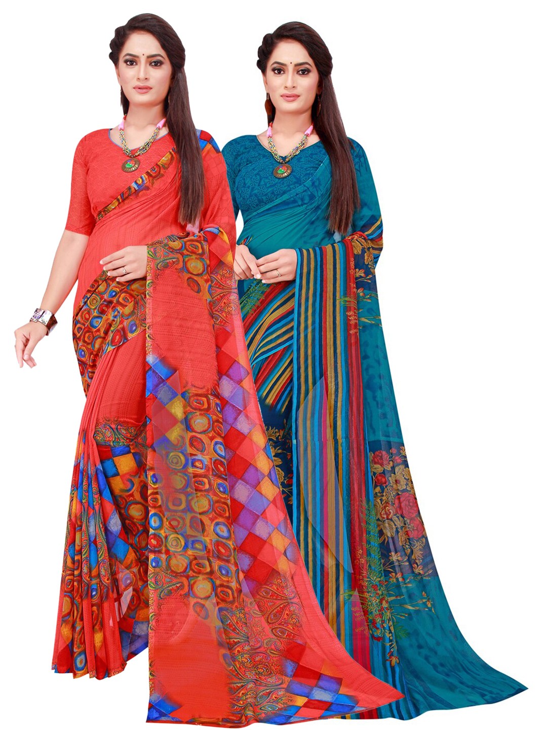 

KALINI Pack of 2 Red & Blue Pure Georgette Sarees