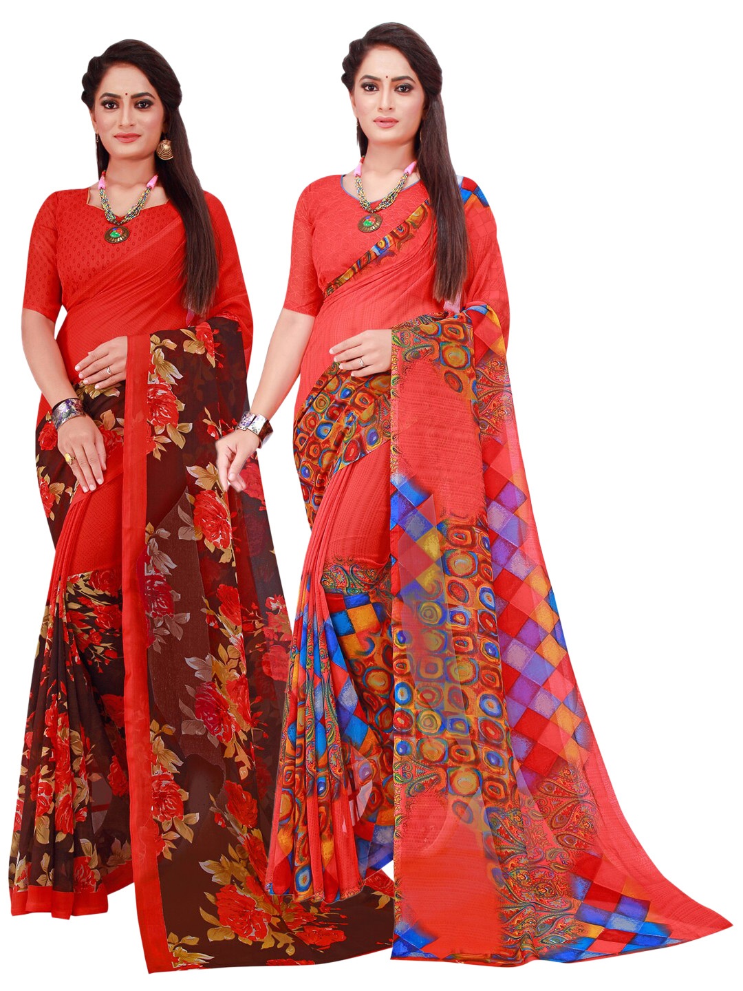 

KALINI Red Printed Pure Georgette Saree Pack Of 2