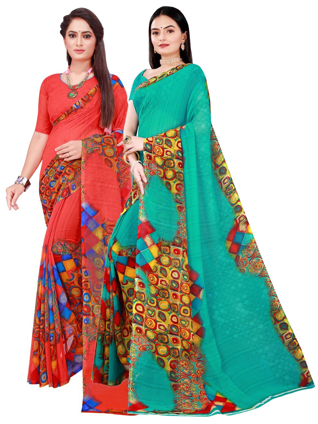 

KALINI Red & Green Printed Pure Georgette Saree Pack Of 2