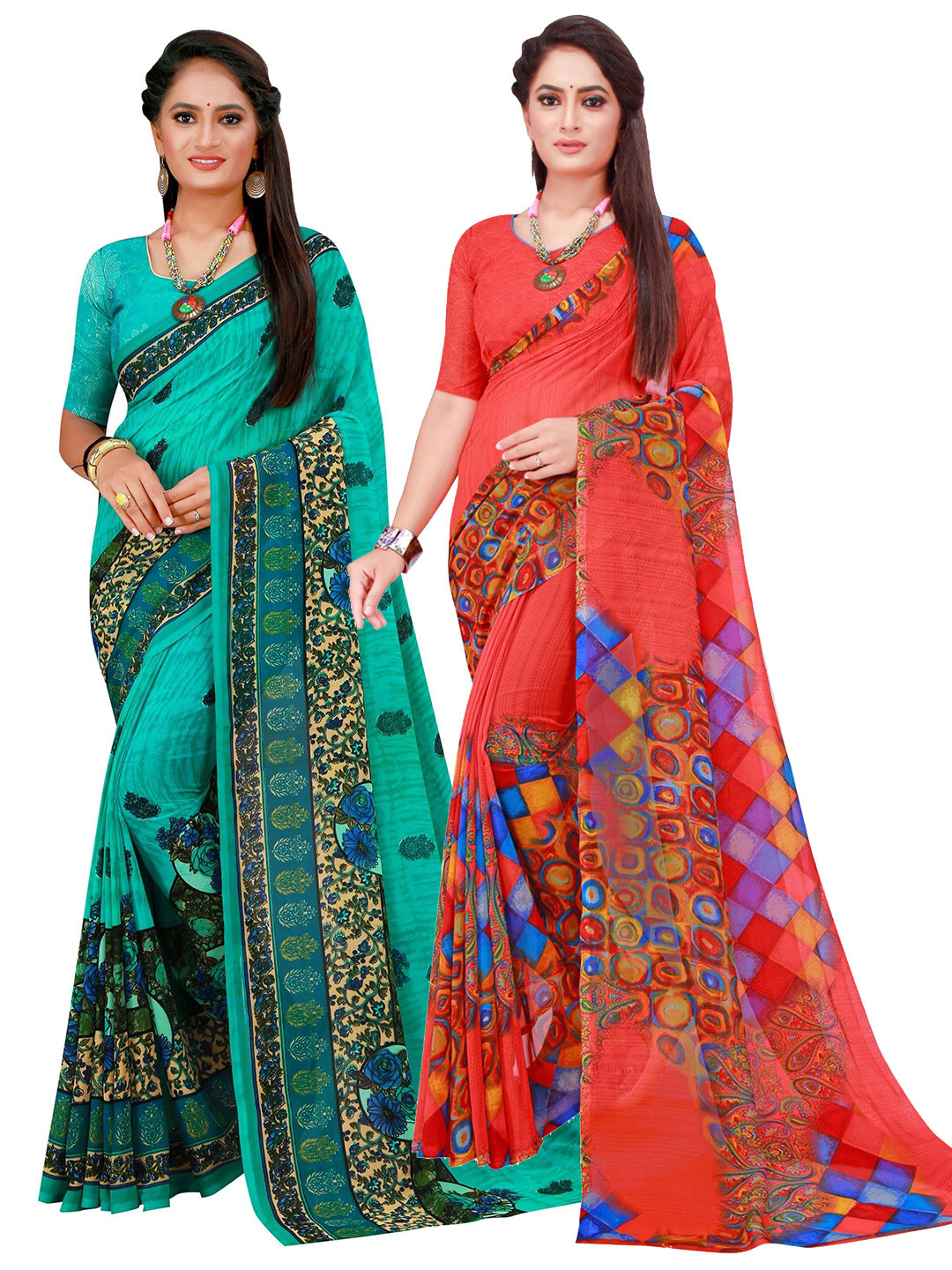 

KALINI Red & Turquoise Blue Set of 2 Floral Printed Georgette saree