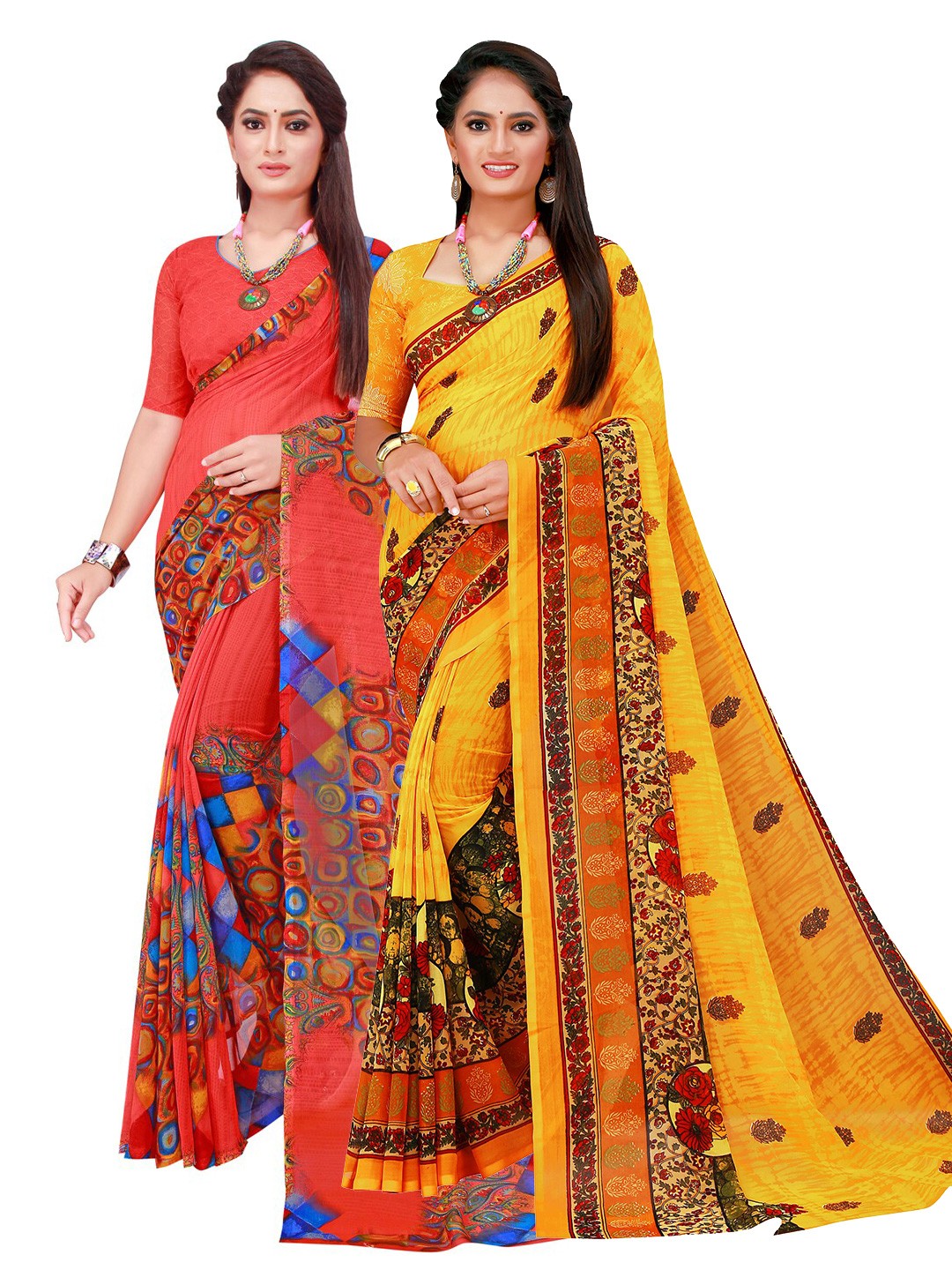 

KALINI Red & Yellow Printed Pure Georgette Saree Pack Of 2