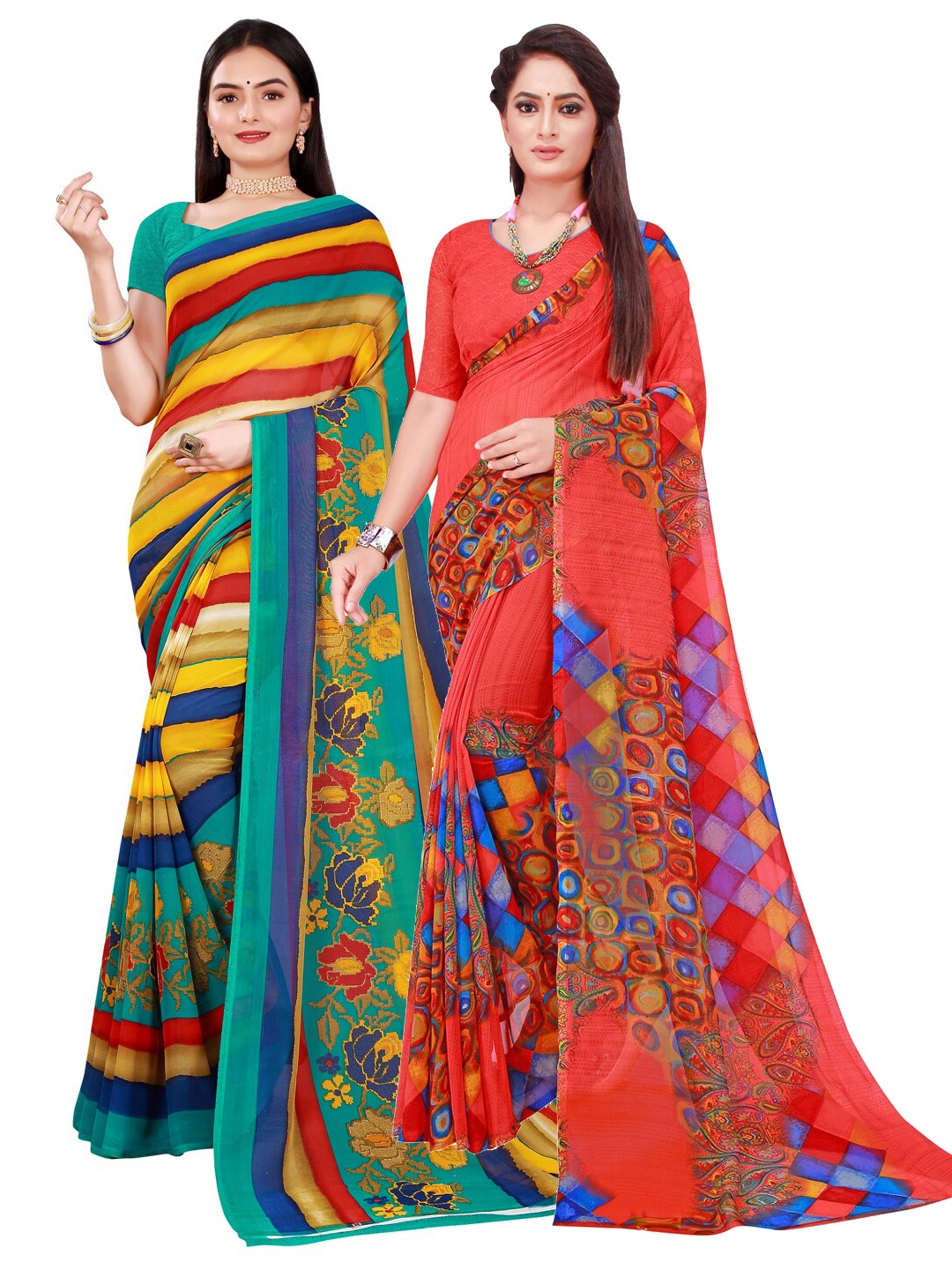 

KALINI Red & Blue Striped Printed Pure Georgette Saree Pack Of 2