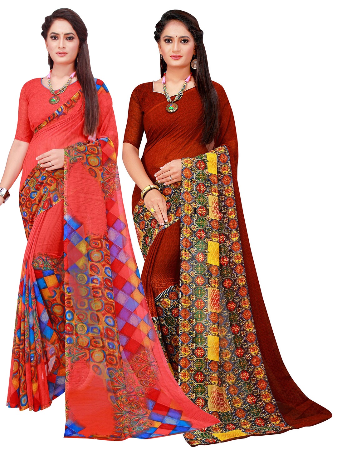 

KALINI Pink & Maroon Set Of 2 Floral Pure Georgette Saree