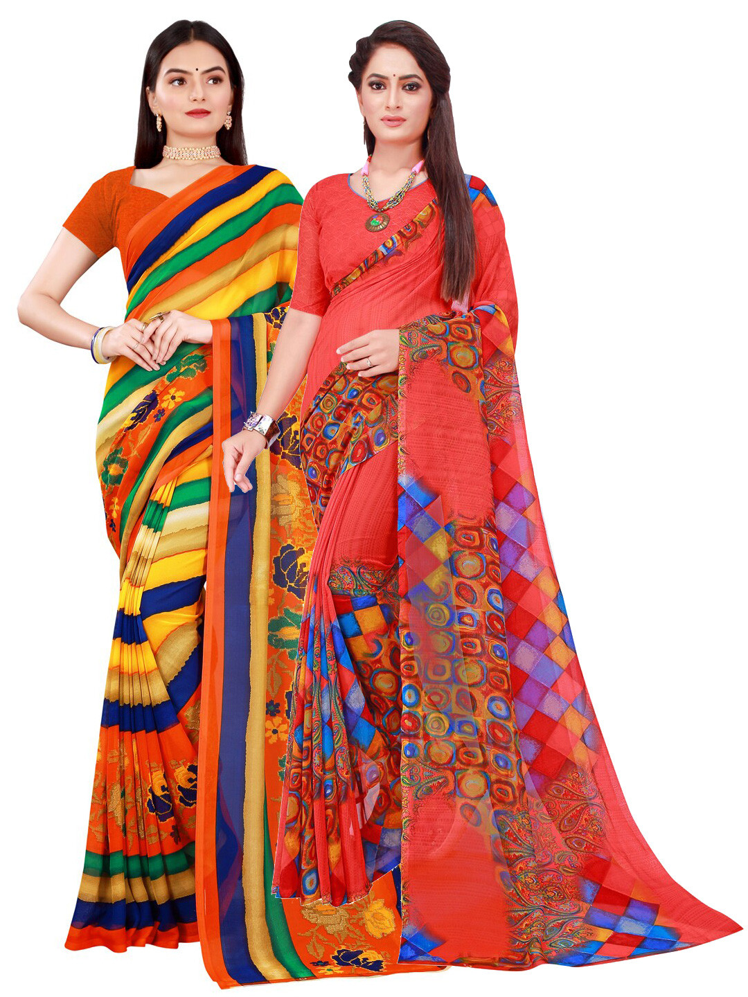 

KALINI Set Of 2 Multicoloured Striped Pure Georgette Saree, Multi