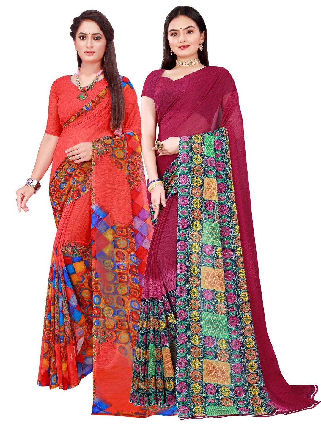 

KALINI Red & Burgundy Printed Pure Georgette Saree Pack Of 2