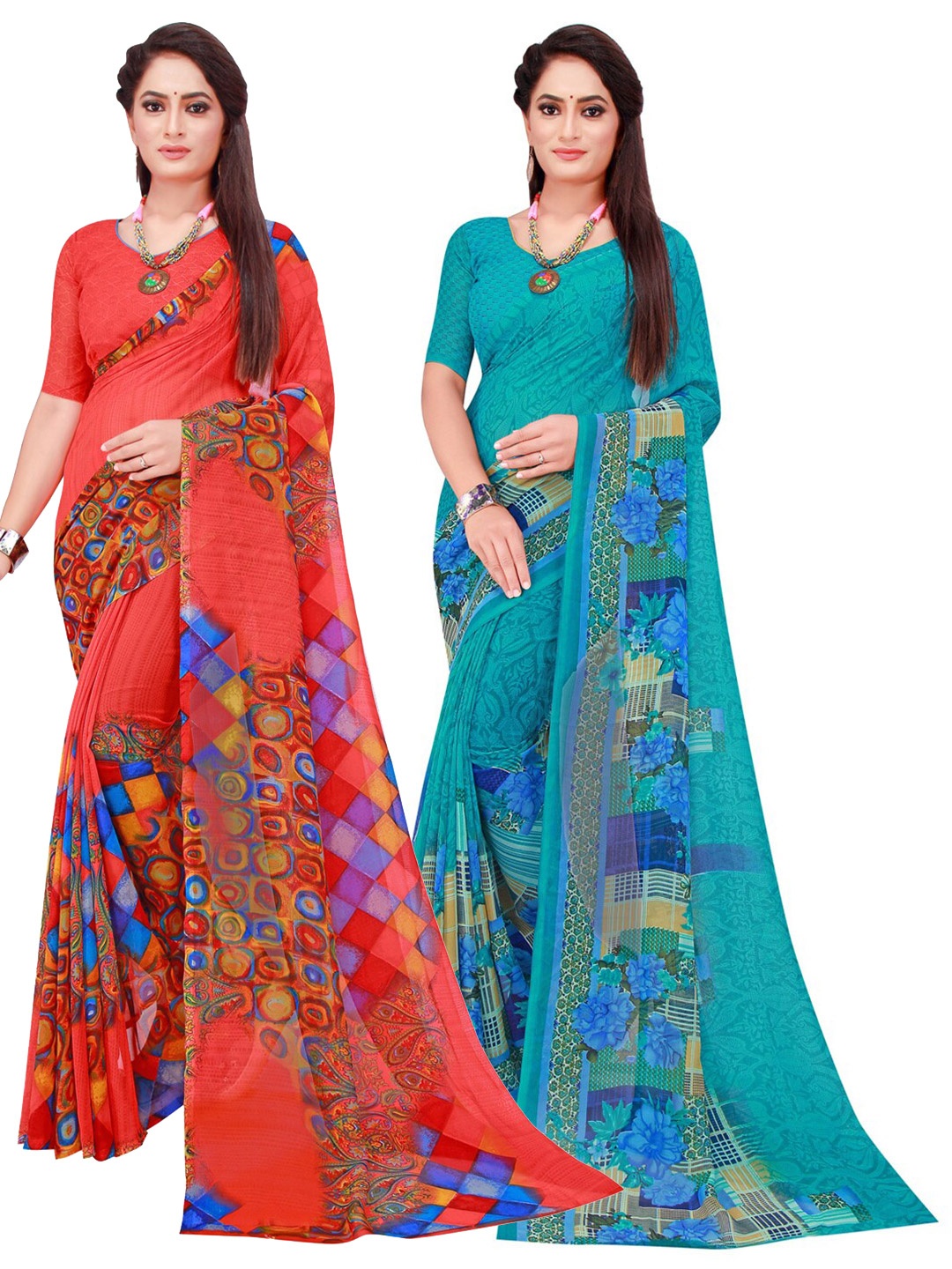 

KALINI Turquoise Blue & Red Printed Pure Georgette Saree Pack Of 2