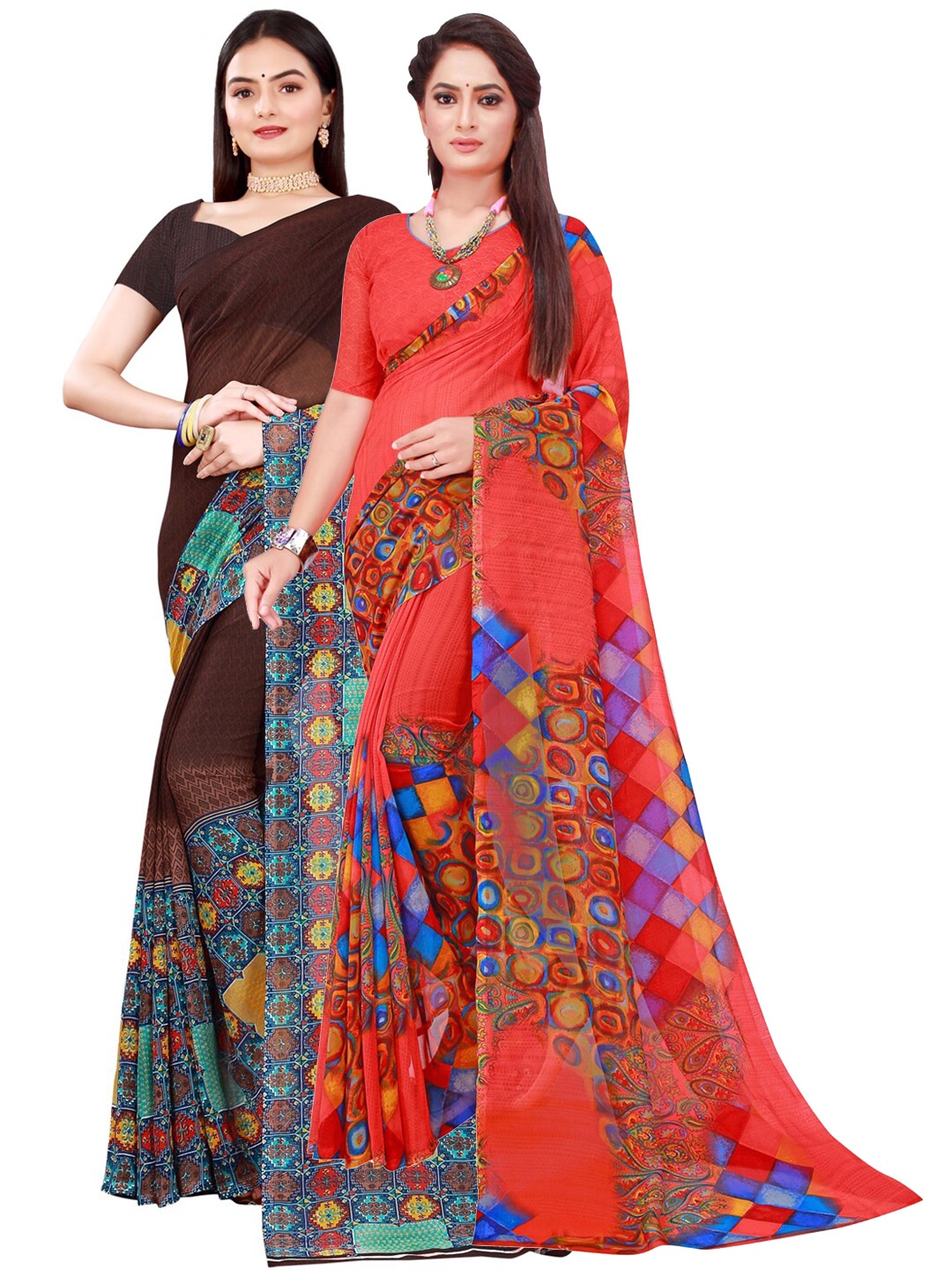 

KALINI Set Of 2 Brown & Red Printed Pure Georgette Saree