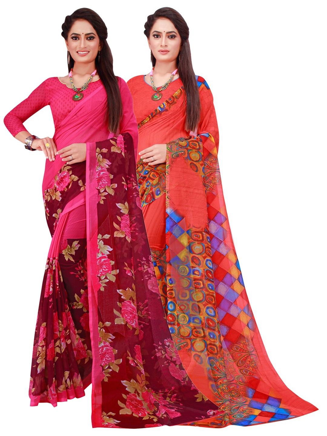 

KALINI Red & Magenta Set Of 2 Floral Pure Georgette Saree