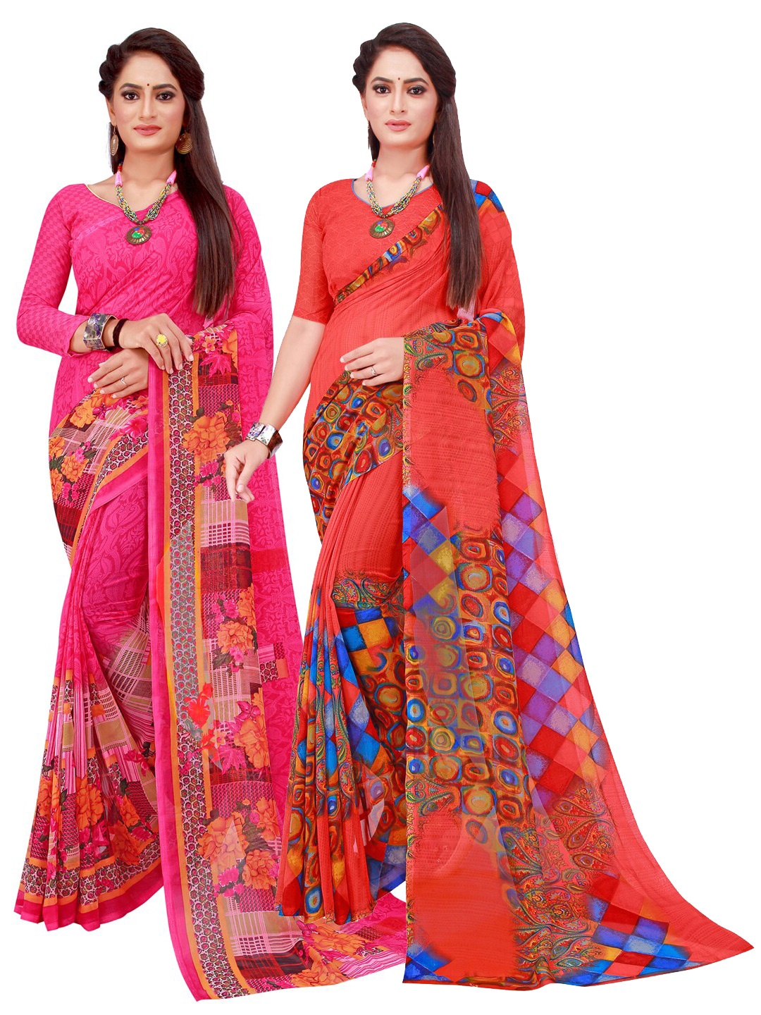 

KALINI Magenta & Pink Pack of 2 Printed Pure Georgette Saree