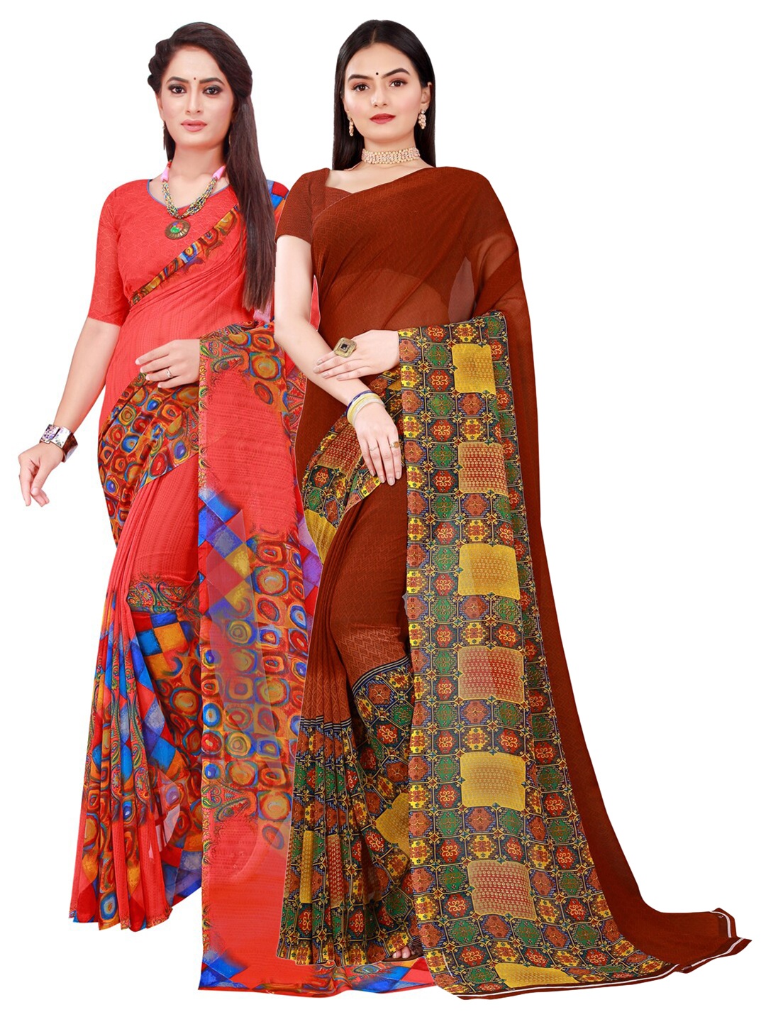 

KALINI Red & Maroon Set of 2 Floral Printed Georgette saree