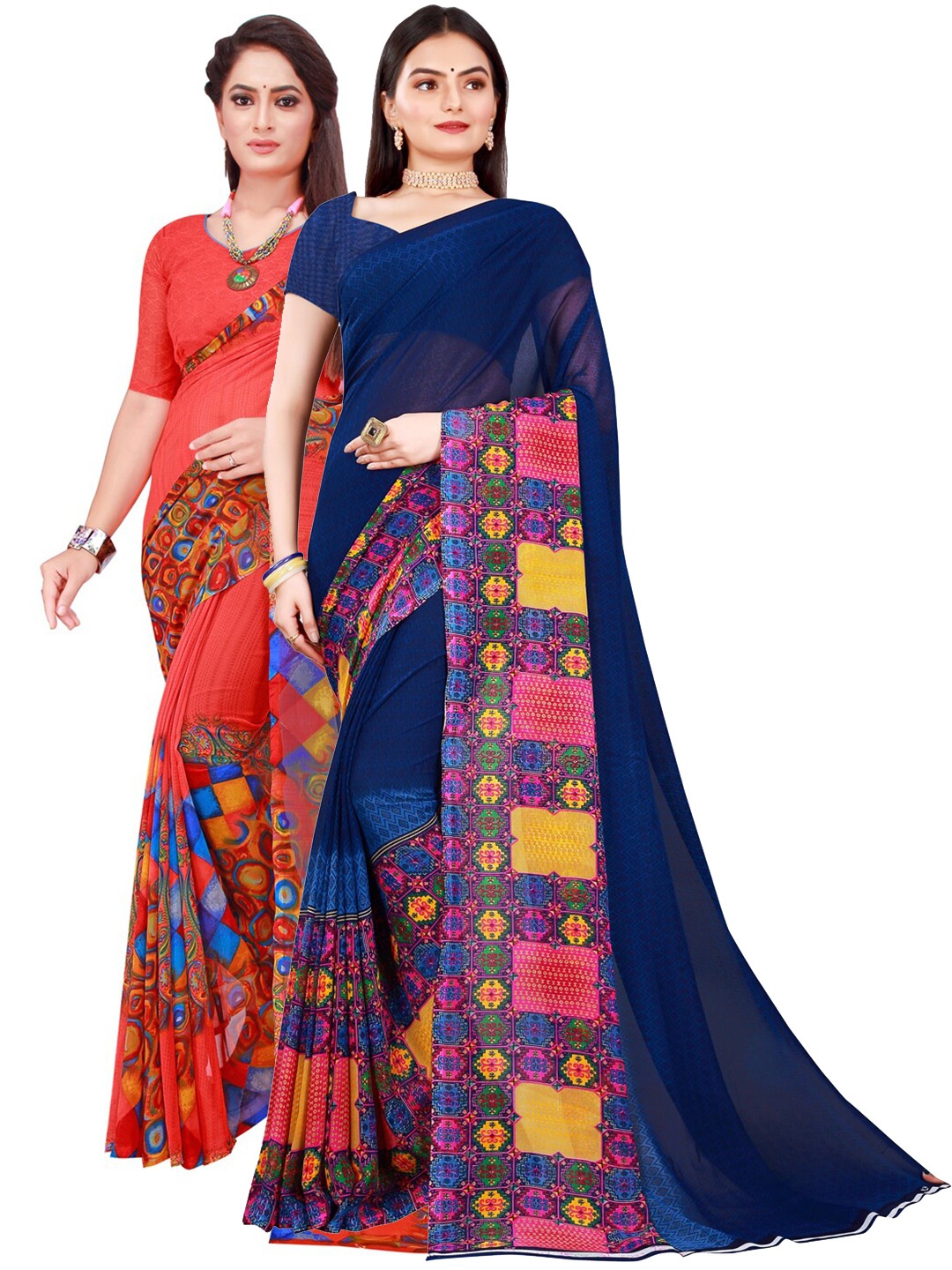 

KALINI Red & Navy Blue Printed Pure Georgette Saree Pack Of 2