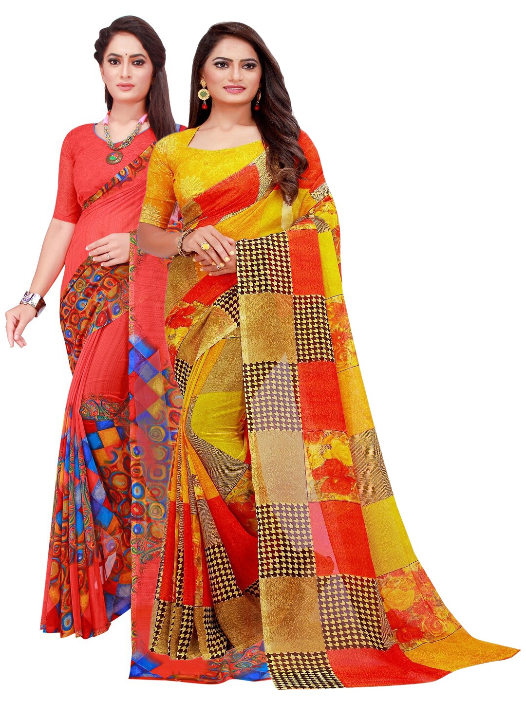 

KALINI Red & Yellow Set Of 2 Floral Pure Georgette Saree