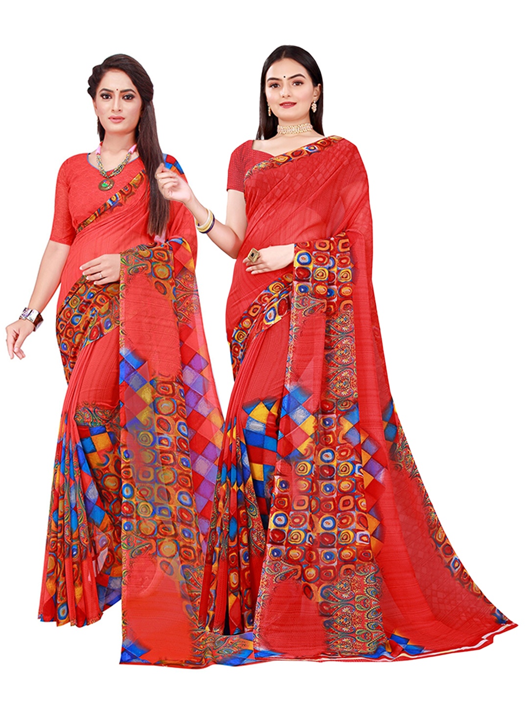 

KALINI Pack of 2 Red & Blue Pure Georgette Sarees