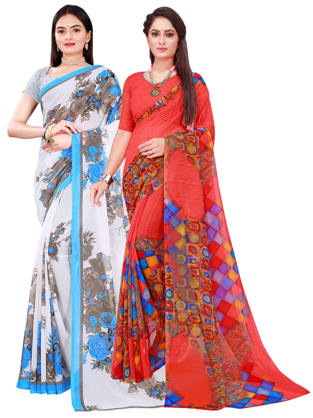 

KALINI Red & White Printed Pure Georgette Saree Pack Of 2