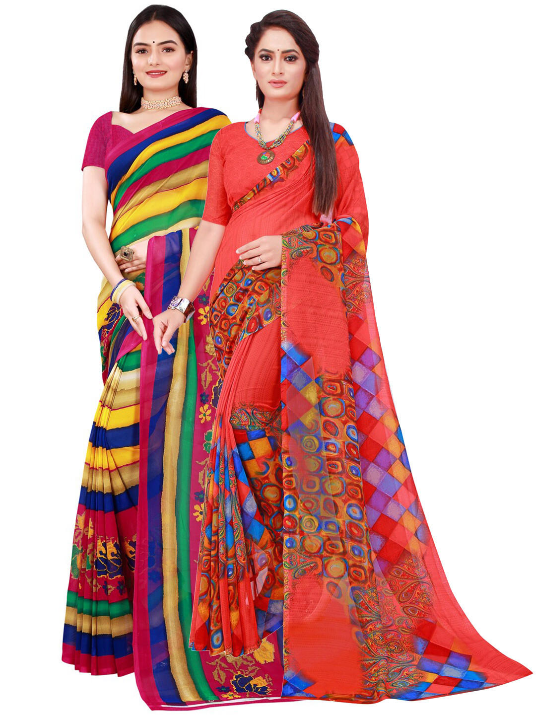 

KALINI Red & Yellow Striped Printed Pure Georgette Saree Pack Of 2