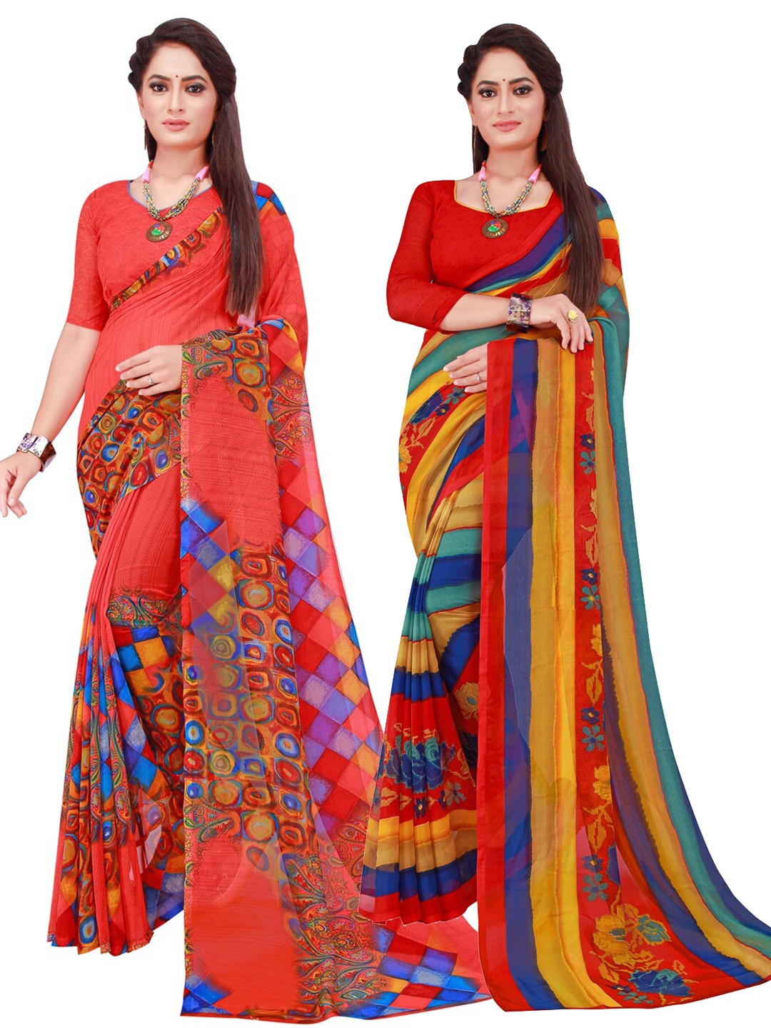 

KALINI Red & Blue Floral Pure Georgette Saree