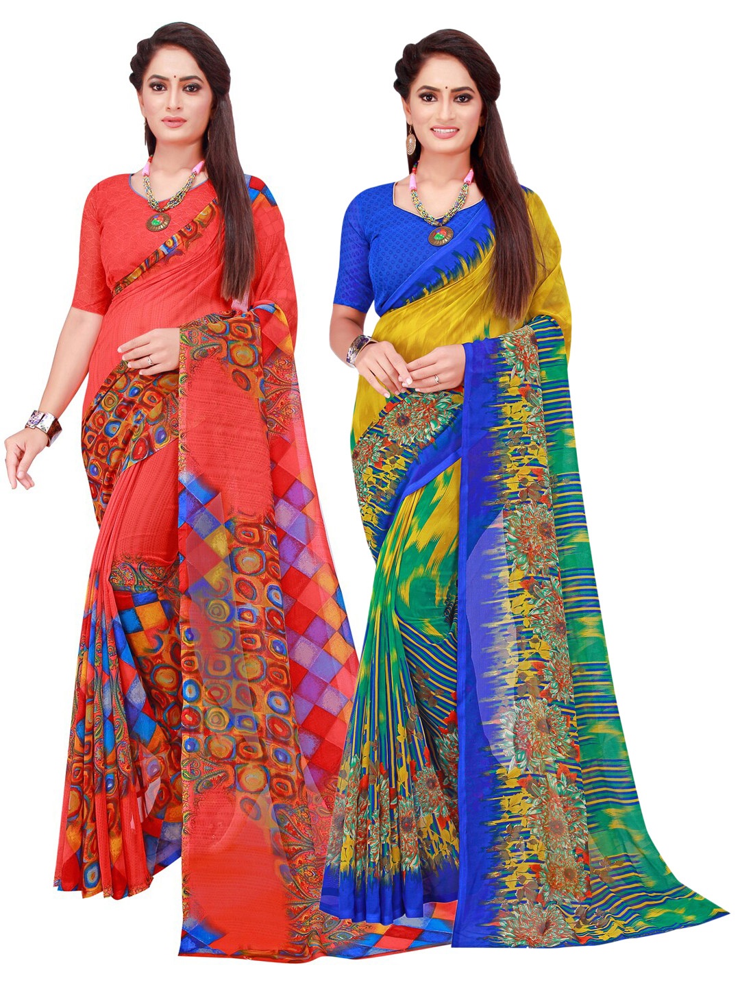 

KALINI Pack of 2 Red & Green Floral Pure Georgette Sarees