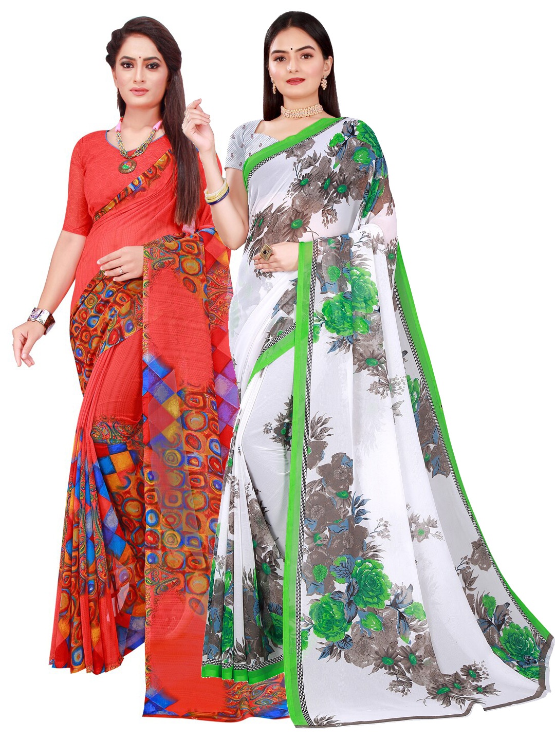 

KALINI Red & White Set Of 2 Floral Pure Georgette Saree