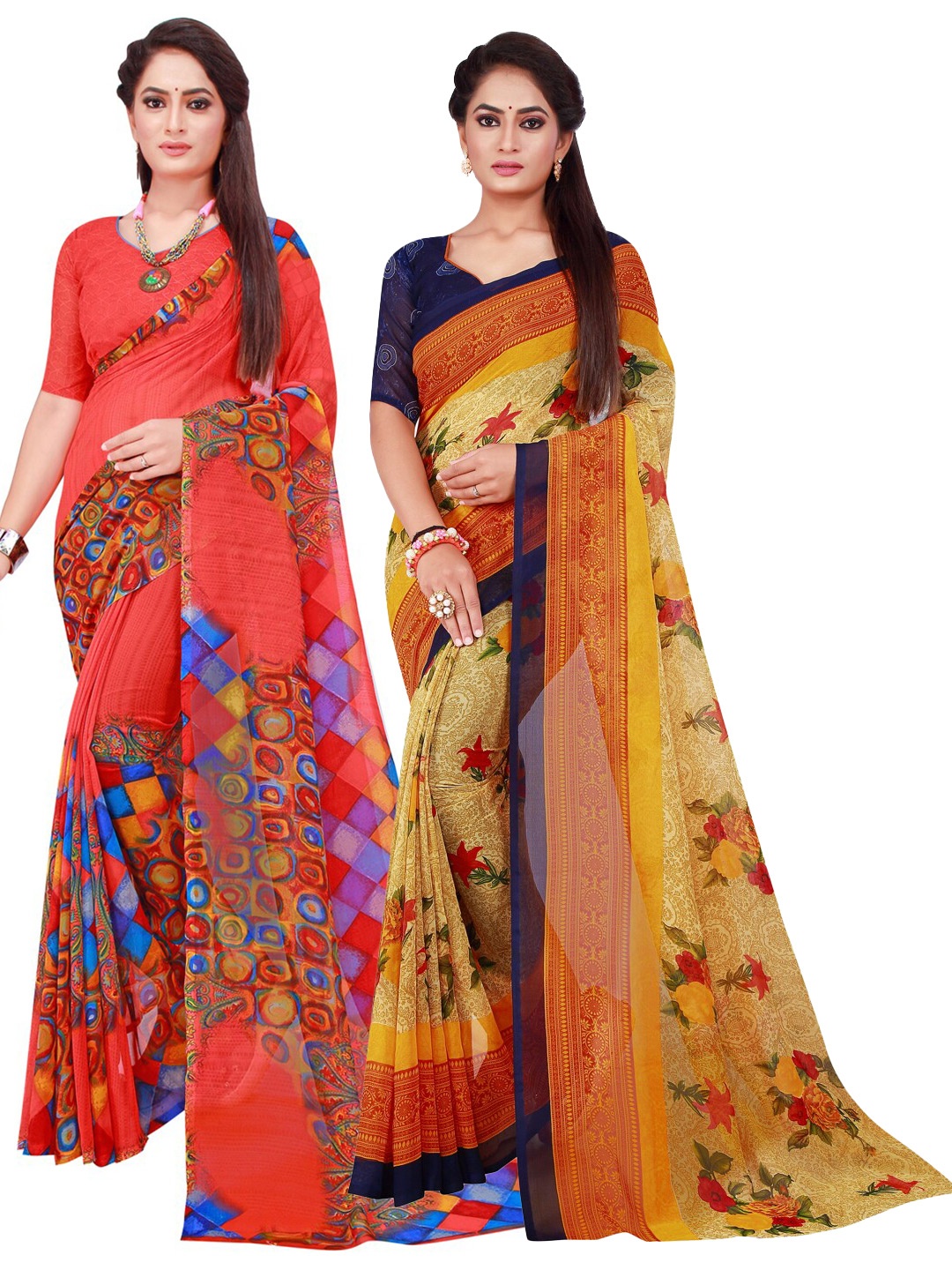 

KALINI Red & Beige Set of 2 Floral Printed Georgette saree