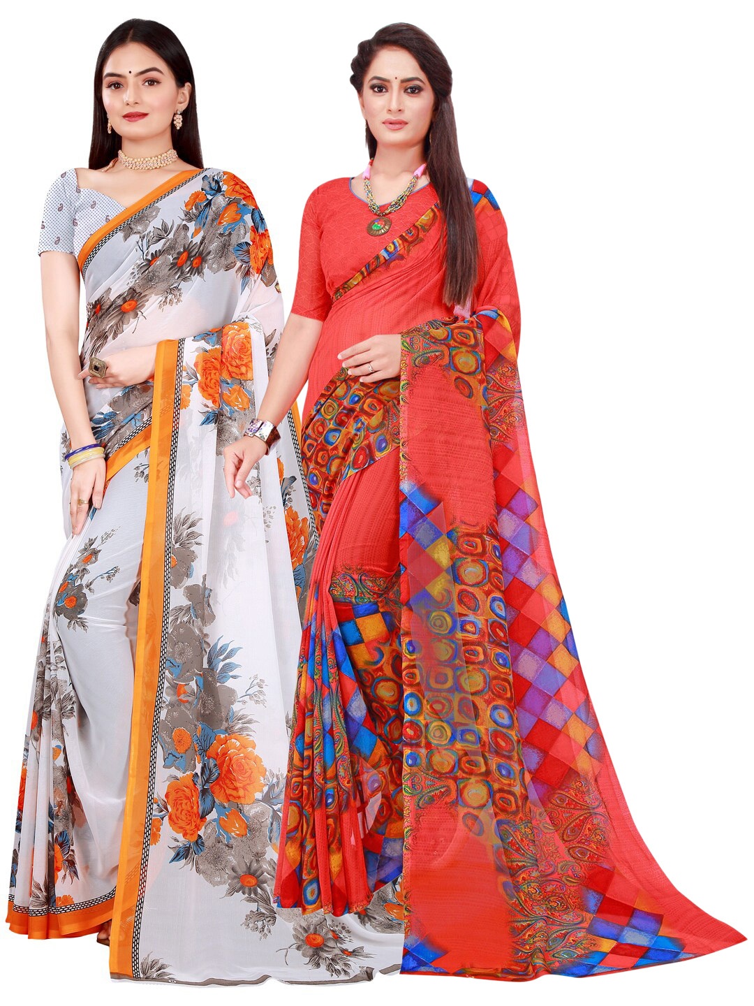 

KALINI Red & White Printed Pure Georgette Saree Pack Of 2