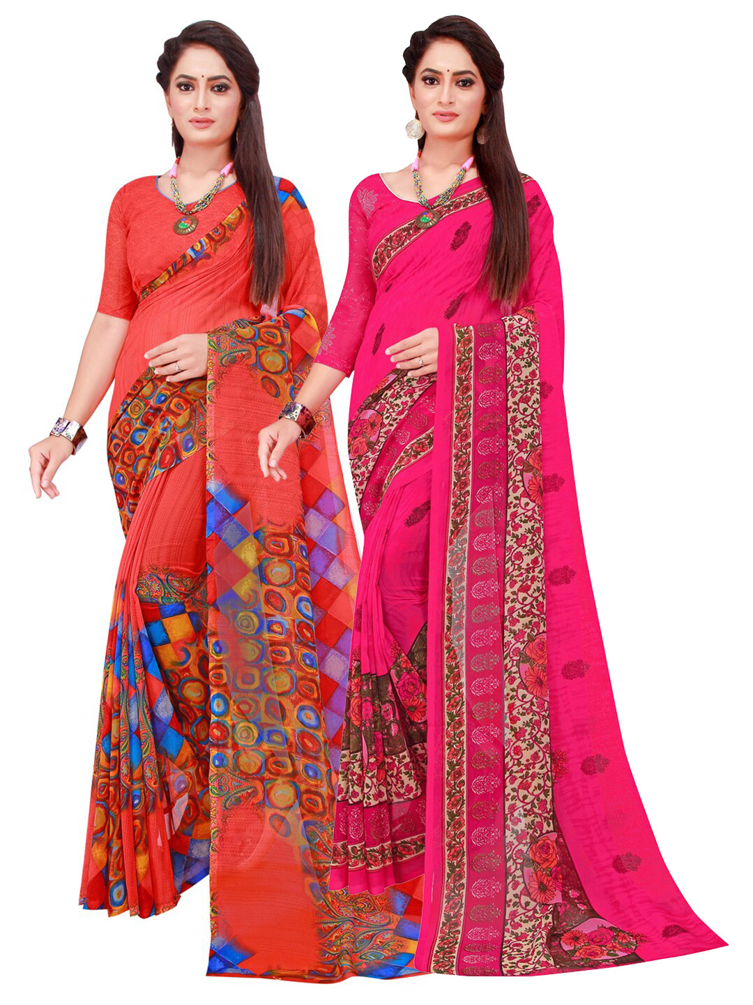 

KALINI Red & Pink Set of 2 Floral Printed Georgette saree