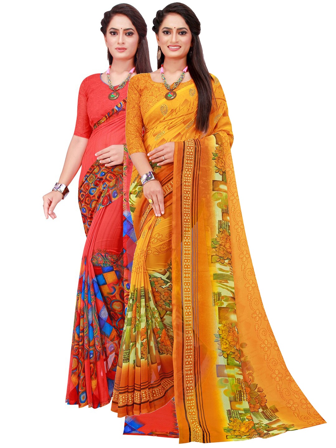 

KALINI Set Of 2 Red & Yellow Printed Pure Georgette Saree