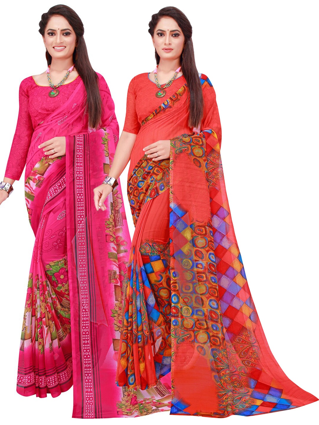 

KALINI Pack of 2 Red & Blue Floral Pure Georgette Sarees