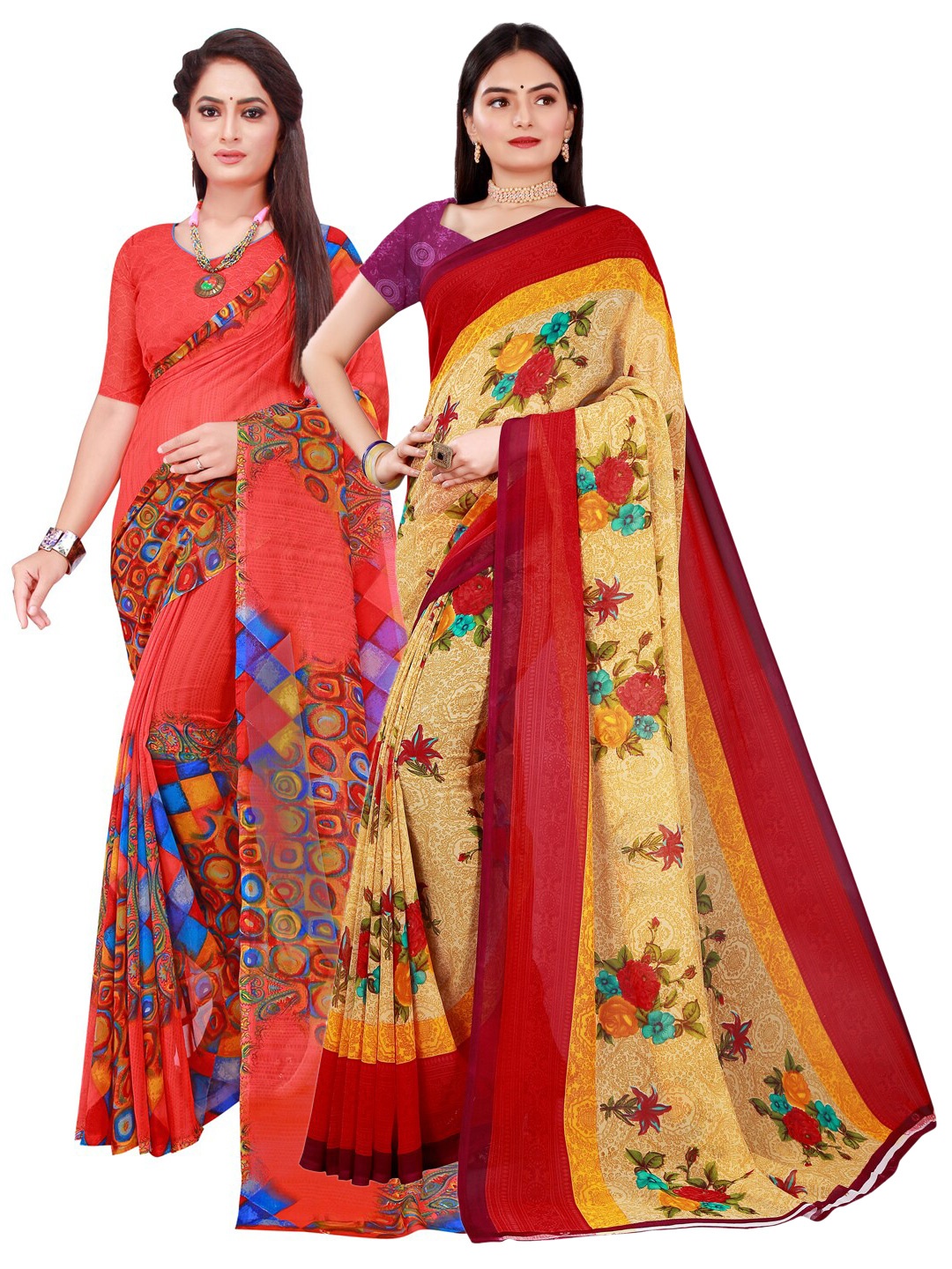 

KALINI Beige & Red Set of 2 Floral Printed Georgette saree