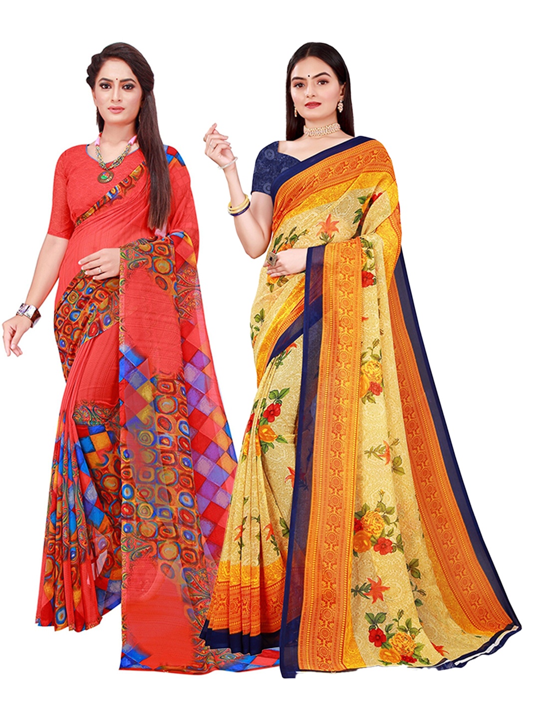 

KALINI Beige & Red Printed Pure Georgette Saree Pack Of 2