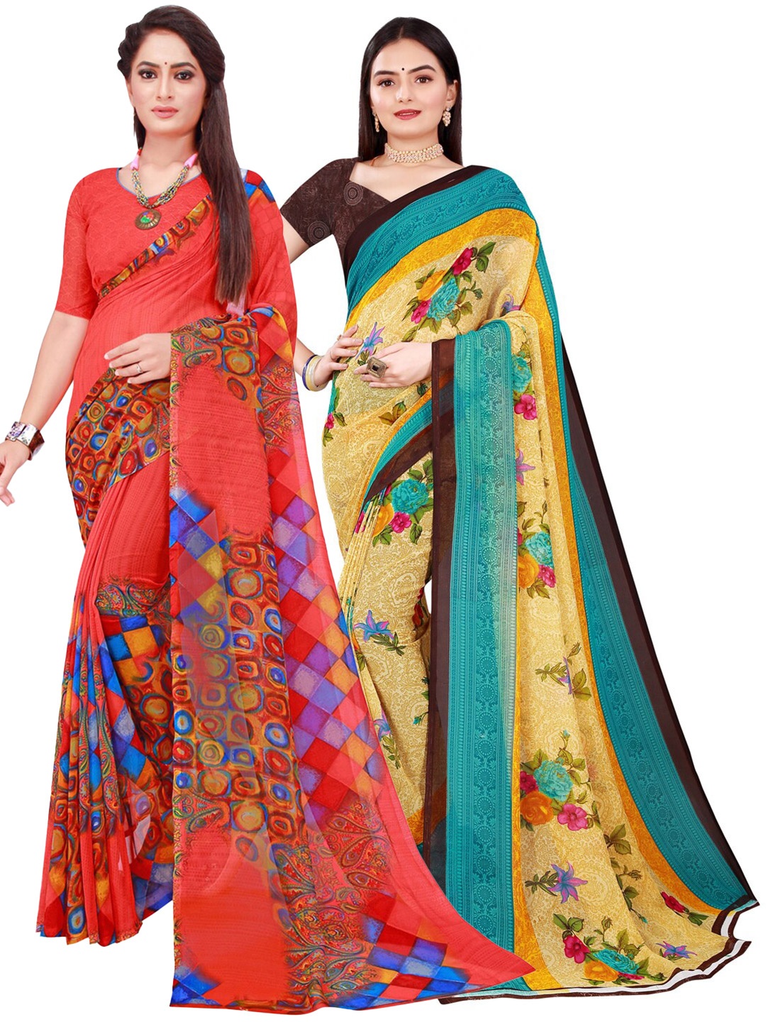 

KALINI Red & Yellow Printed Pure Georgette Saree Pack Of 2