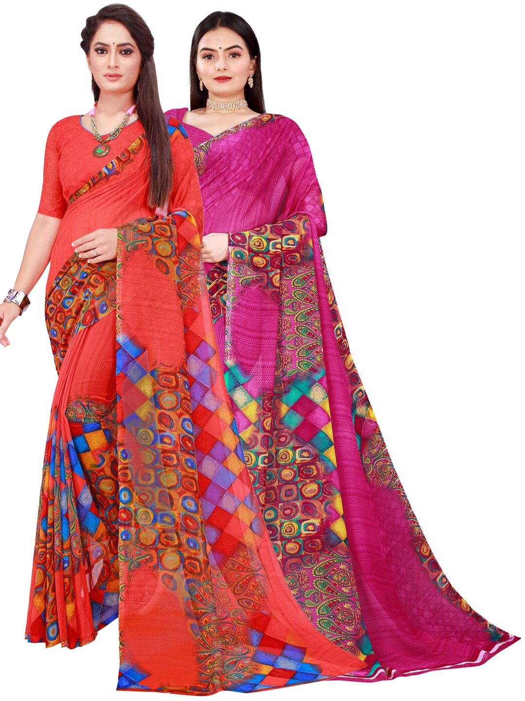 

KALINI Pack of 2 Magenta & Red Floral Pure Georgette Sarees