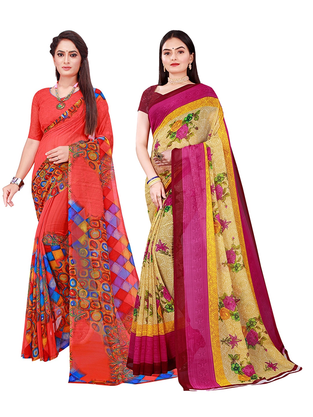 

KALINI Beige & Red Set of 2 Floral Printed Georgette saree