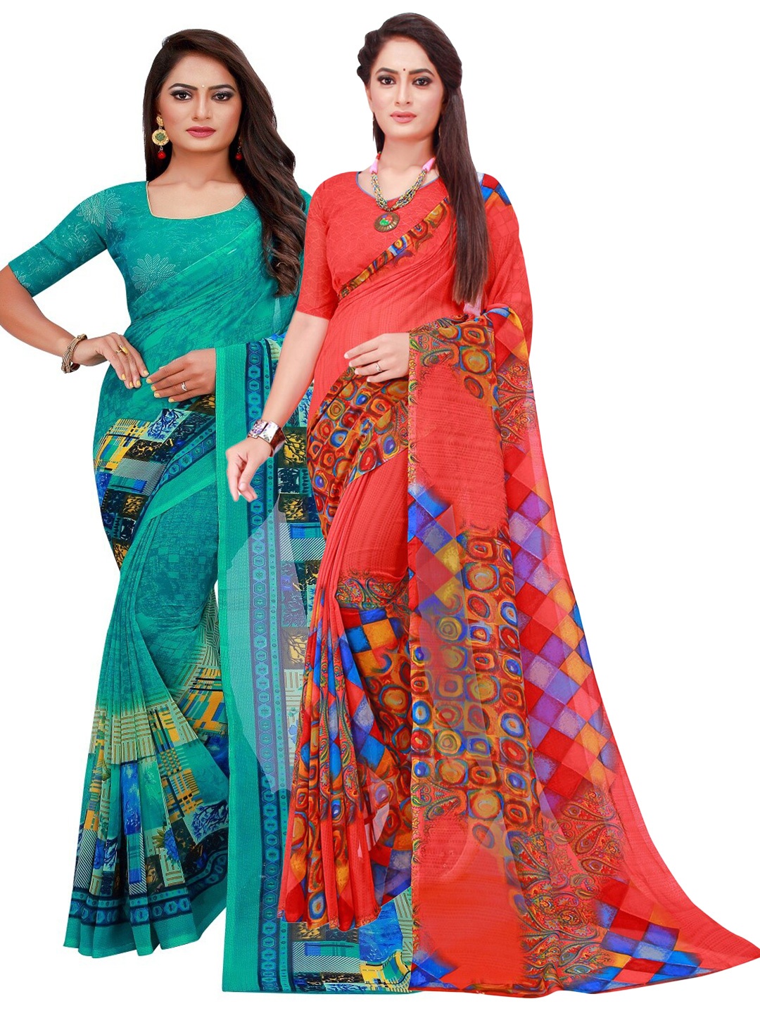 

KALINI Turquoise Blue & Red Set Of 2 Floral Pure Georgette Saree