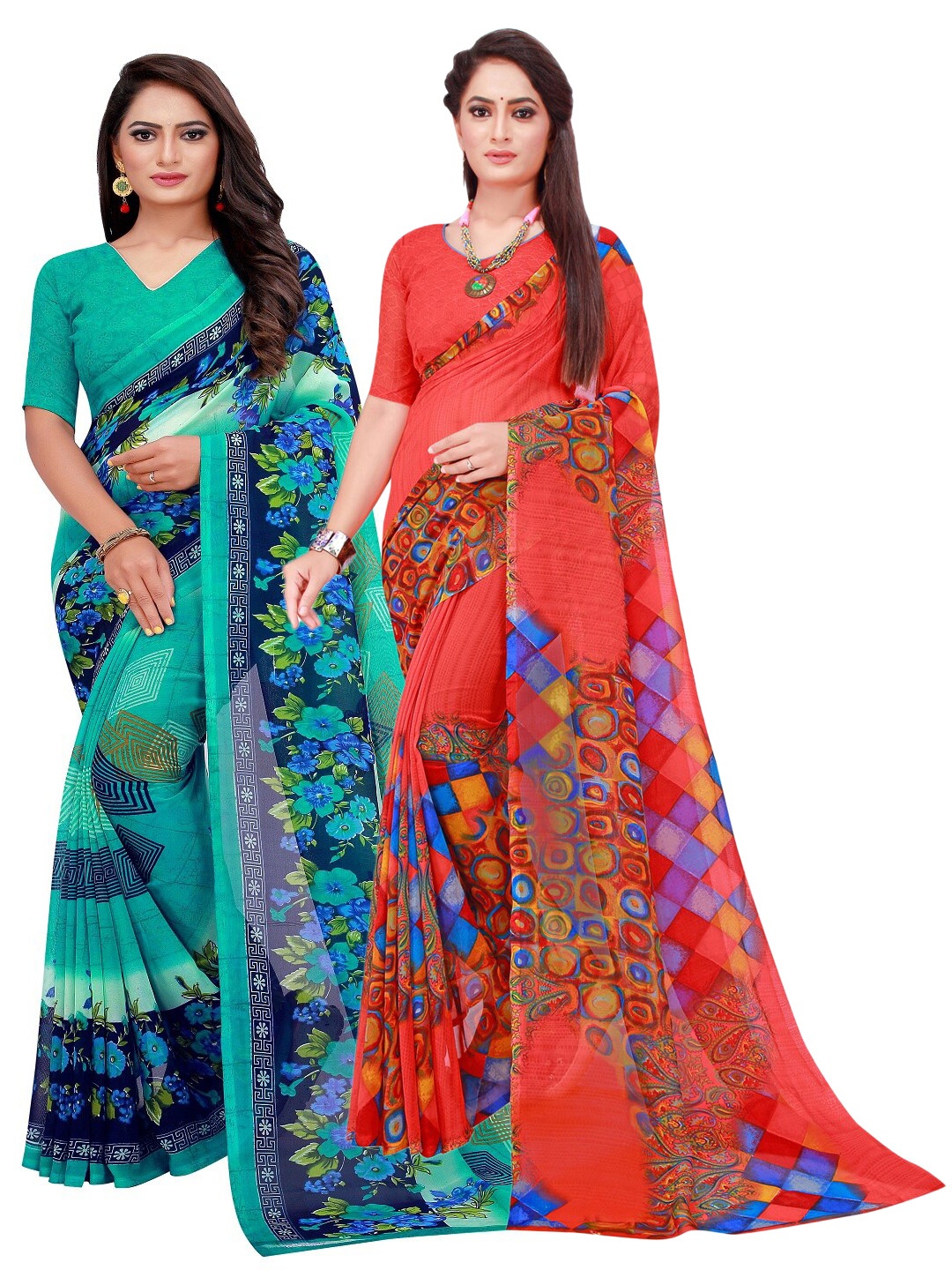 

KALINI Set Of 2 Turquoise Blue & Red Floral Pure Georgette Saree