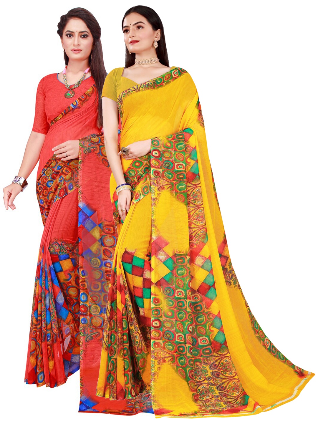 

KALINI Pack of 2 Red & Yellow Floral Pure Georgette Sarees